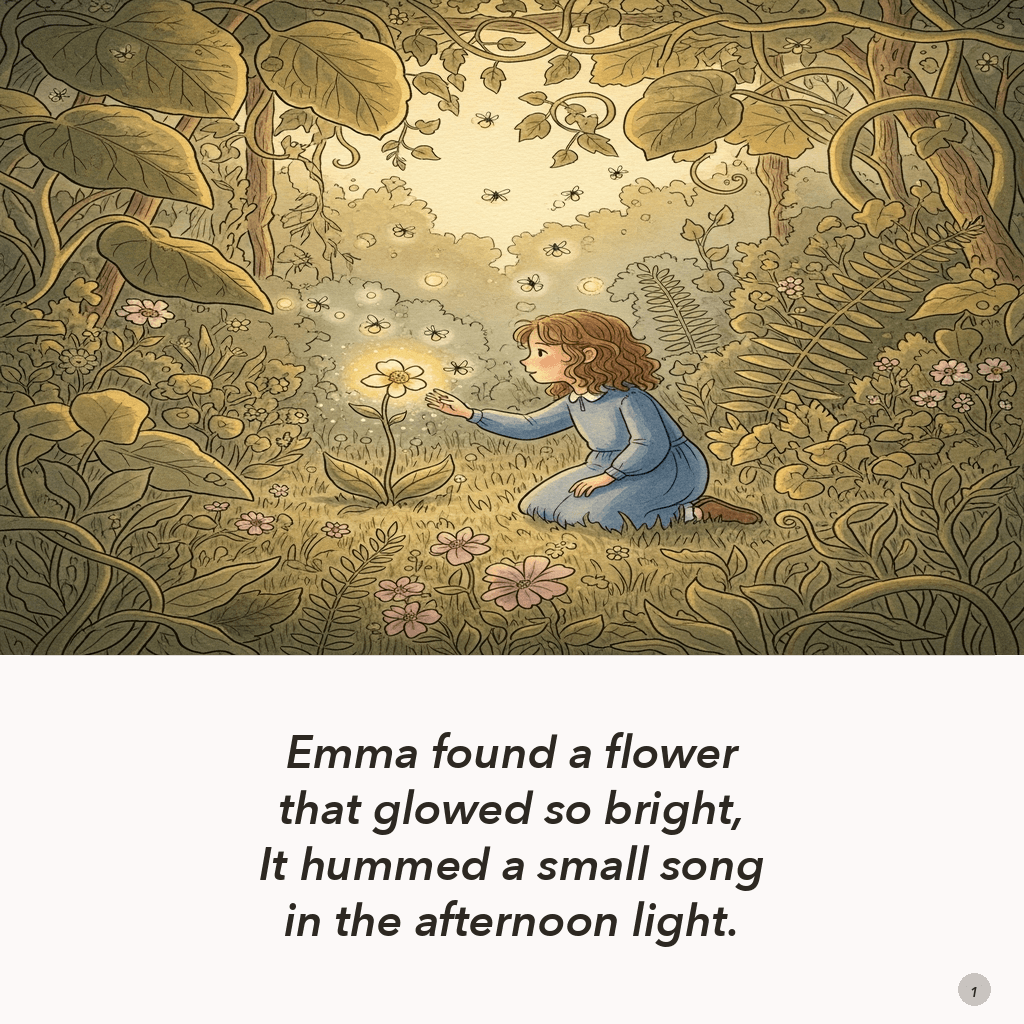 Interior page showing Emma discovering a glowing flower